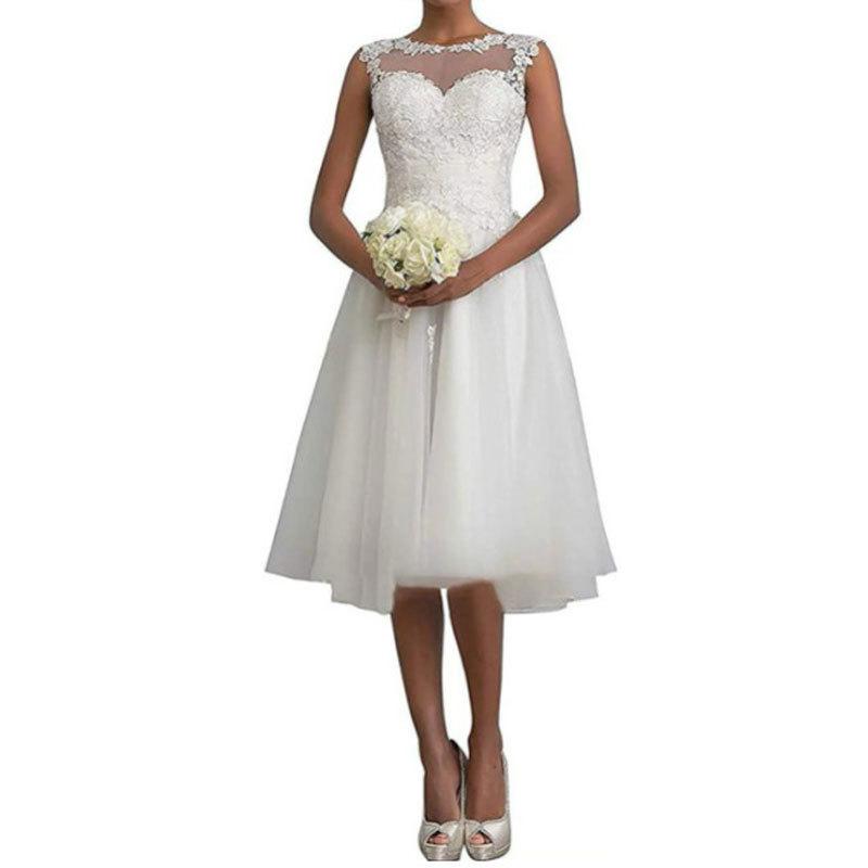 ウェディングドレス レディース レース ショート丈 ノースリーブ Aライン 高腰 アイボリー 結婚式 二次会 パーティー ブライダル 花嫁 膝丈 清楚 上品 エレガント｜トミーショップ 店