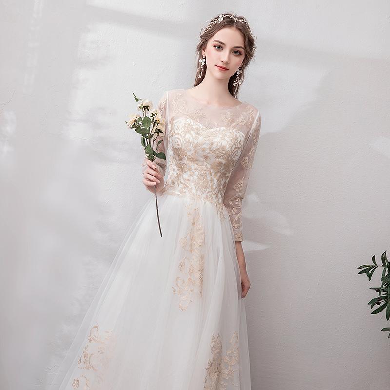 ウェディングドレス レディース Aライン ポリエステル 高腰 5分袖 ロング丈 チュール 無地 森ガール 結婚式 ブライダル パーティー 二次会 演奏会 発表会 フォーマル 150cm 155cm 低身長 向け