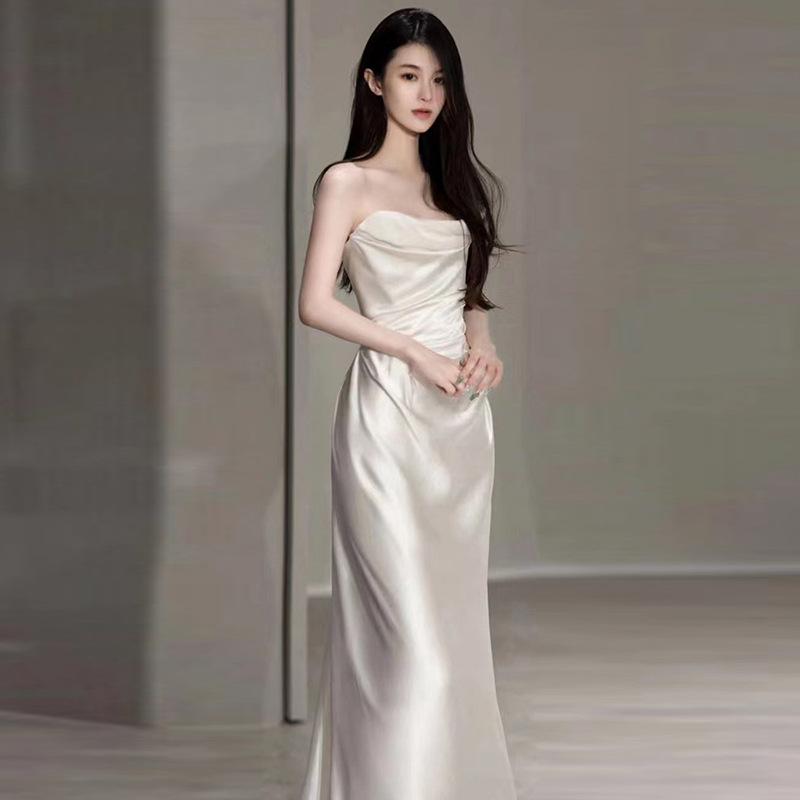 婚礼の儀お召しもの A伝達ルート ノースリーブ ロング 高腰 繻子 白 フレンチ 森お姉さん 超仙 愛くるしげ 2024 秋冬 ウェディングドレス-レディースファッション