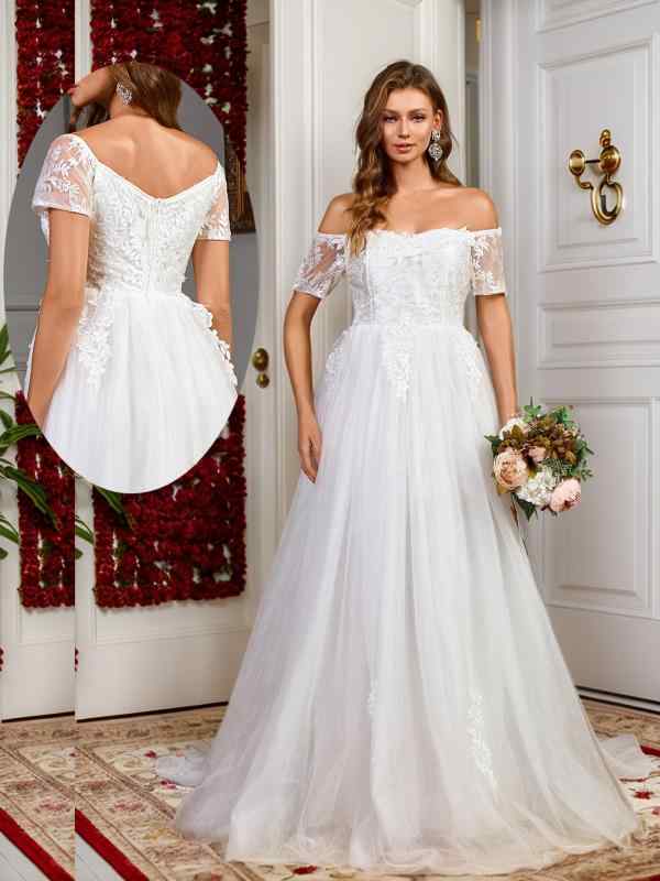 ウェディングドレス レディース チュール レース オフショルダー 半袖 ロングドレス 結婚式 ブライダル パーティードレス 演奏会 発表会 撮影 ホワイト S M L XL