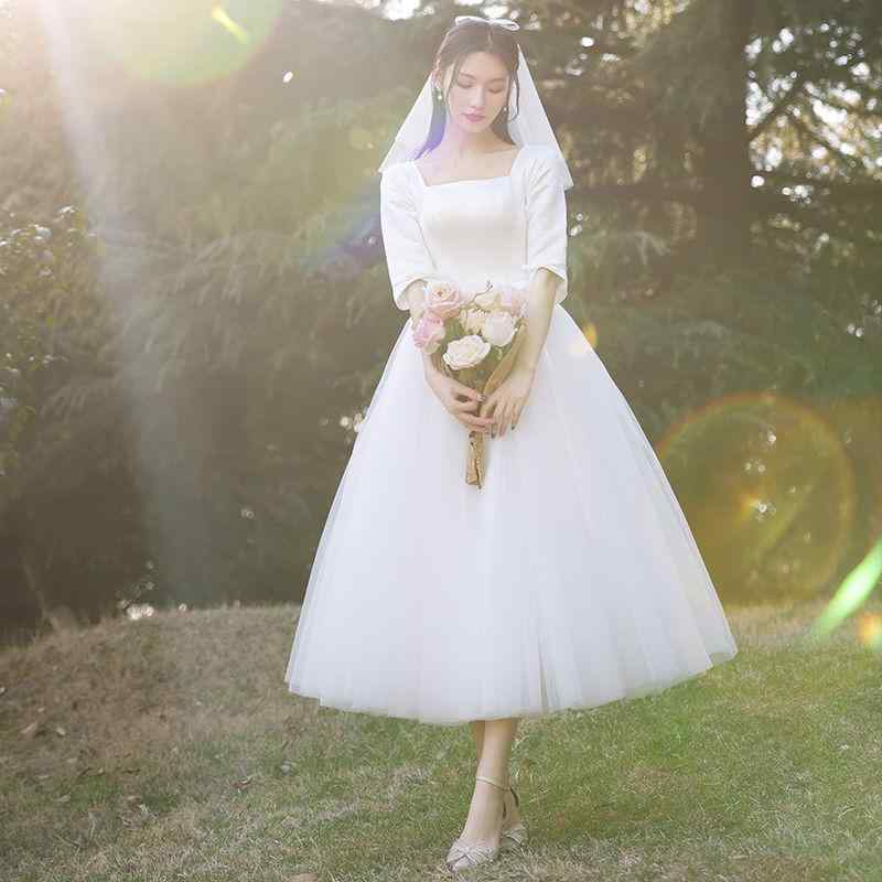 ウェディングドレス レディース A字スカート 高腰 ポリエステル 長袖 ホワイト 結婚式 ブライダル 披露宴 パーティー 二次会 フォトウェディング