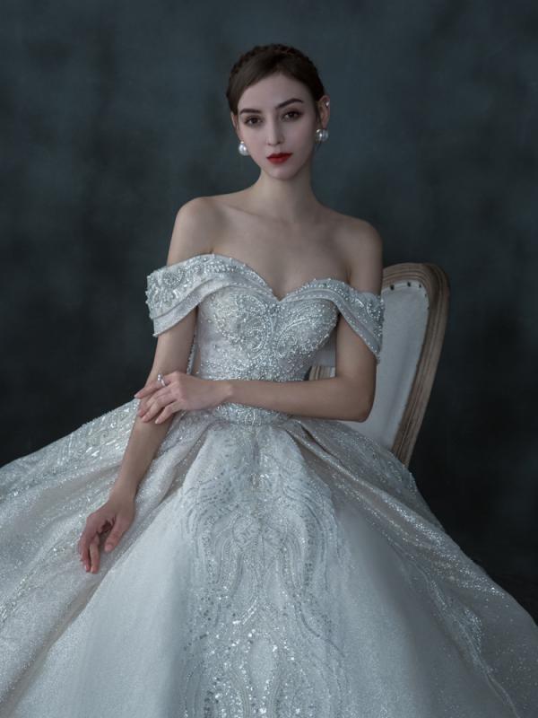 婚礼の儀お召しもの レディース 婚礼の儀 一字肩 チュール A伝達ルート ロング 森お姉さん 仙女 夢愛くるしげ 体型押しかぶせる レディースファッション-ウェディングドレス