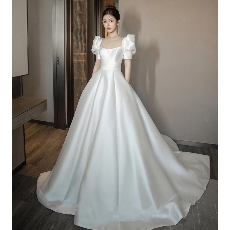 ウェディングドレス レディース 高級感 ポリエステル サテン 高腰 結婚式 二次会 花嫁ドレス スレンダーライン パーティードレス フォーマルドレス 白 演奏会 発表会 三分袖 ロングドレス 清楚 かわいい