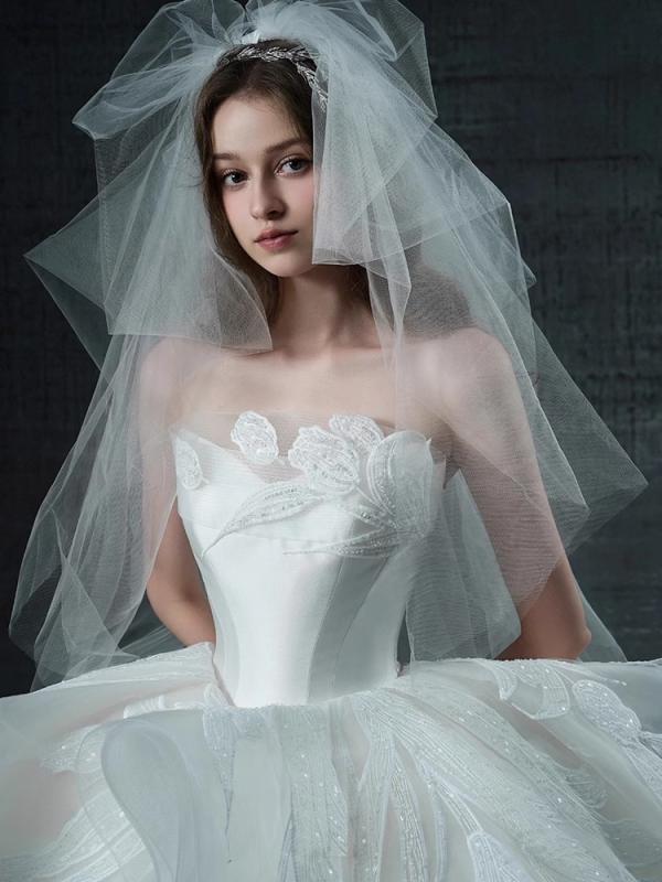 ウェディングドレス レディース ブライダル 結婚式 ロングドレス Aライン チュール レースアップ プリンセスライン 長袖 パフスリーブ オフショルダー 演奏会 発表会 イベント パーティー フォーマル XS S M L XL XXL