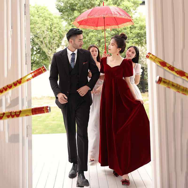 パーティードレス レディース 高腰 Aライン ワインレッド 結婚式 披露宴 お呼ばれ フォーマルドレス 妊婦 演奏会 発表会 ロング丈 ポリエステル プリンセススリーブ 長袖 エレガント
