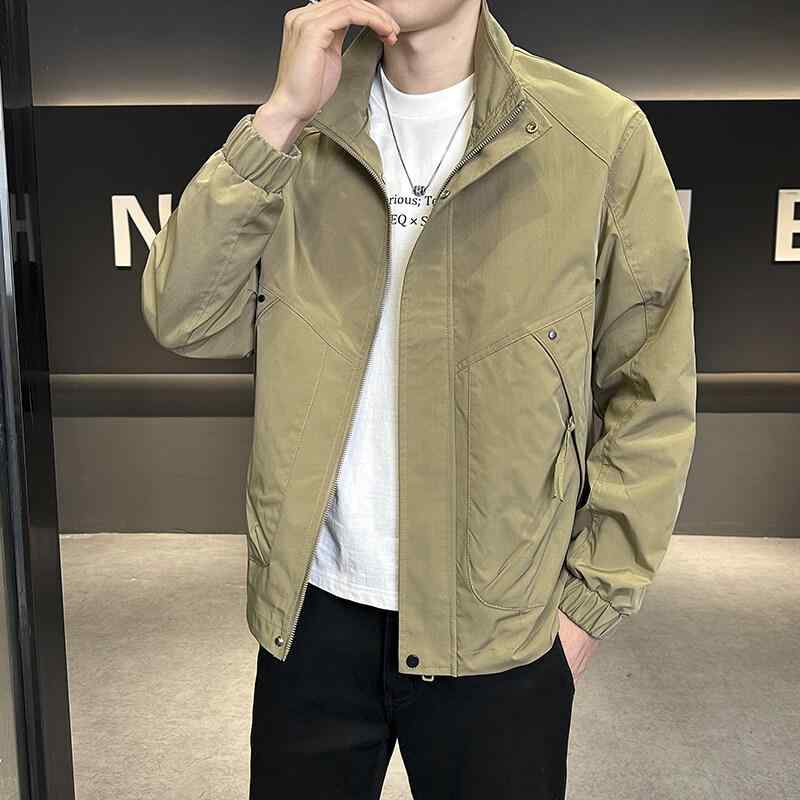 ジャケット 男性用 春秋 ライトアウター スタンドカラー 防風 リブ 裾 普段使い 無地 ブラック カーキ グリーン ポリエステル