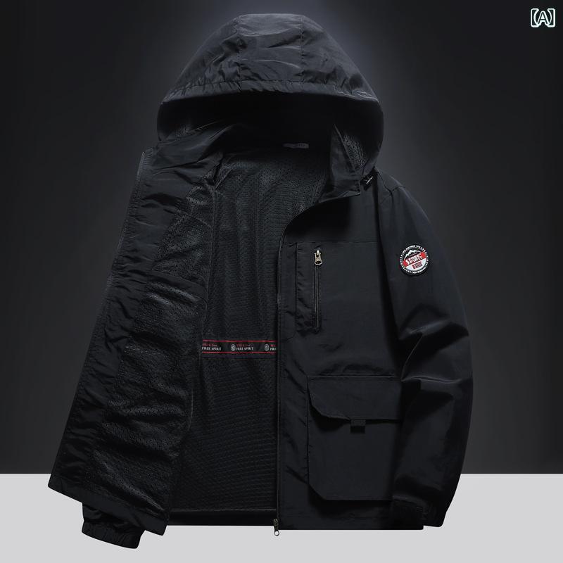 ジャケット 男性用 春秋 多ポケット フード付き アウトドア 撥水 防風 登山 スポーツ ミリタリー カジュアル ブラック グレー カーキ色 軍緑色 紺色