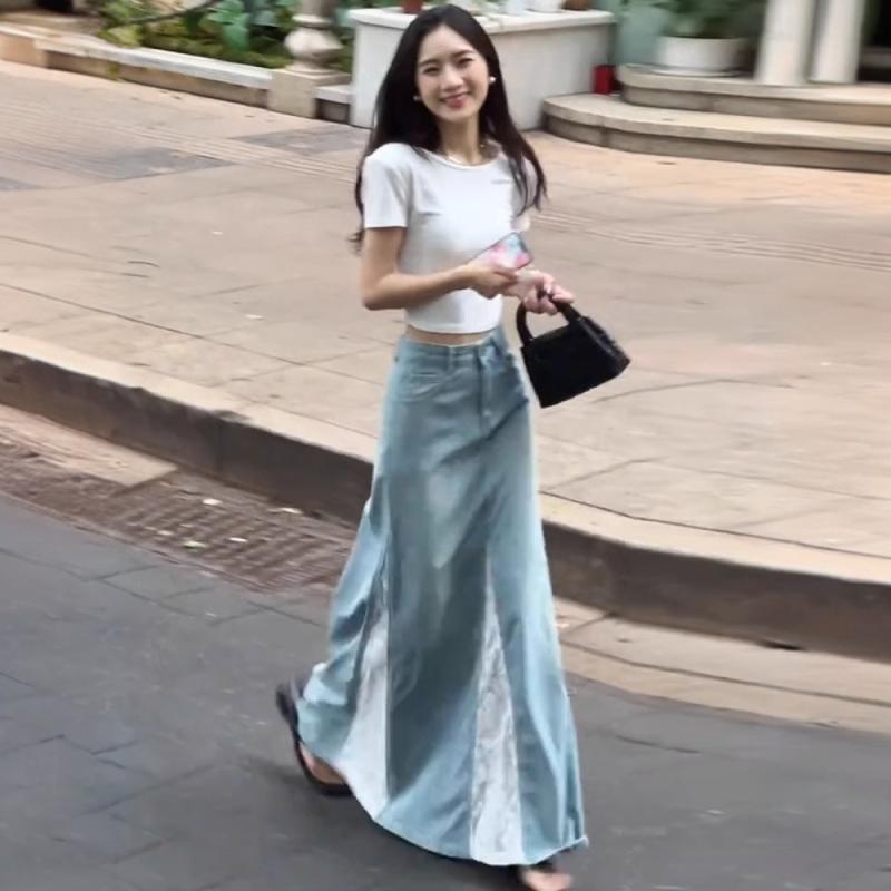 スカート レディース 高見え 高腰 着痩せ ゆったり 气? レース 切り替え デニム ロングスカート 私服 お姉さん風