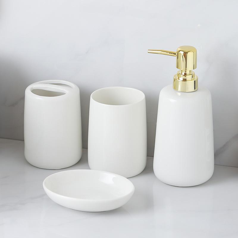 洗面用品 4点セット 陶器製 ディスペンサー ソープディッシュ シンプル 衛生用品 洗面台 浴室(x3)