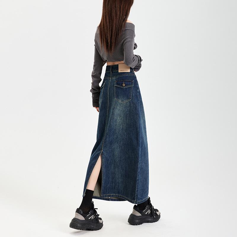 デニムスカート レディース 春秋 高腰 ミモレ丈 Aライン タイトスカート レトロブルー ダンガリー 綿75% 着痩せ かわいい カジュアル