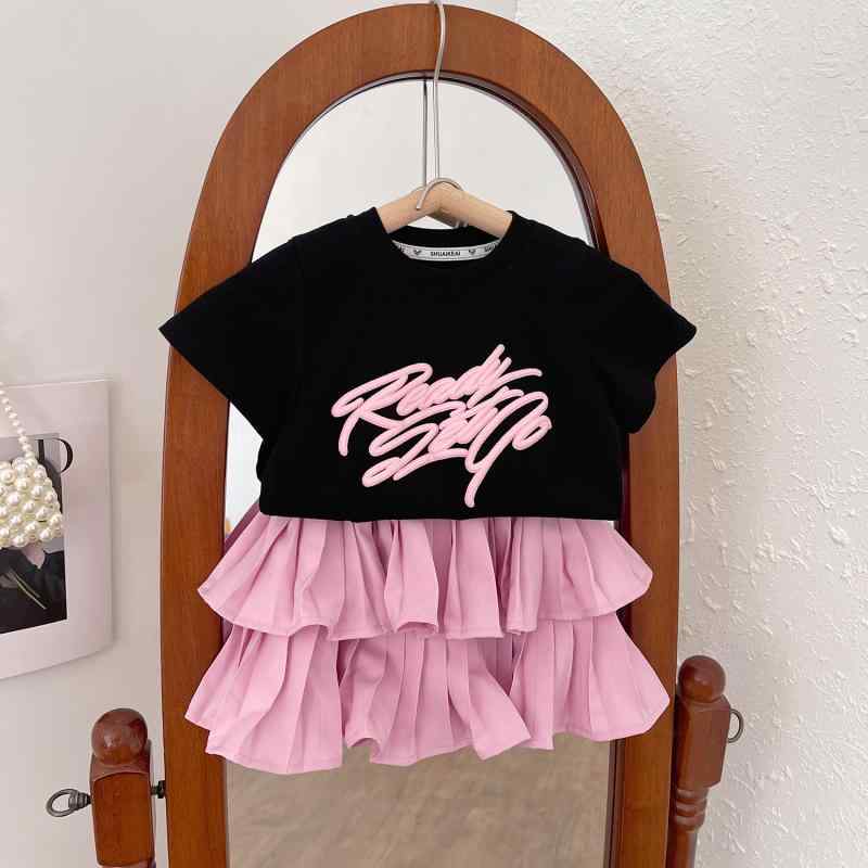 Tシャツ & スカート キッズ 女の子 半袖 プリーツ ケーキスカート 上下セット 綿100%