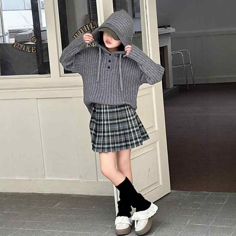 ニット セットアップ ガールズ 春秋 女の子 フード付き ニット 格子柄 プリーツスカート 上下 2点セット 通学 普段使い かわいい ガーリー
