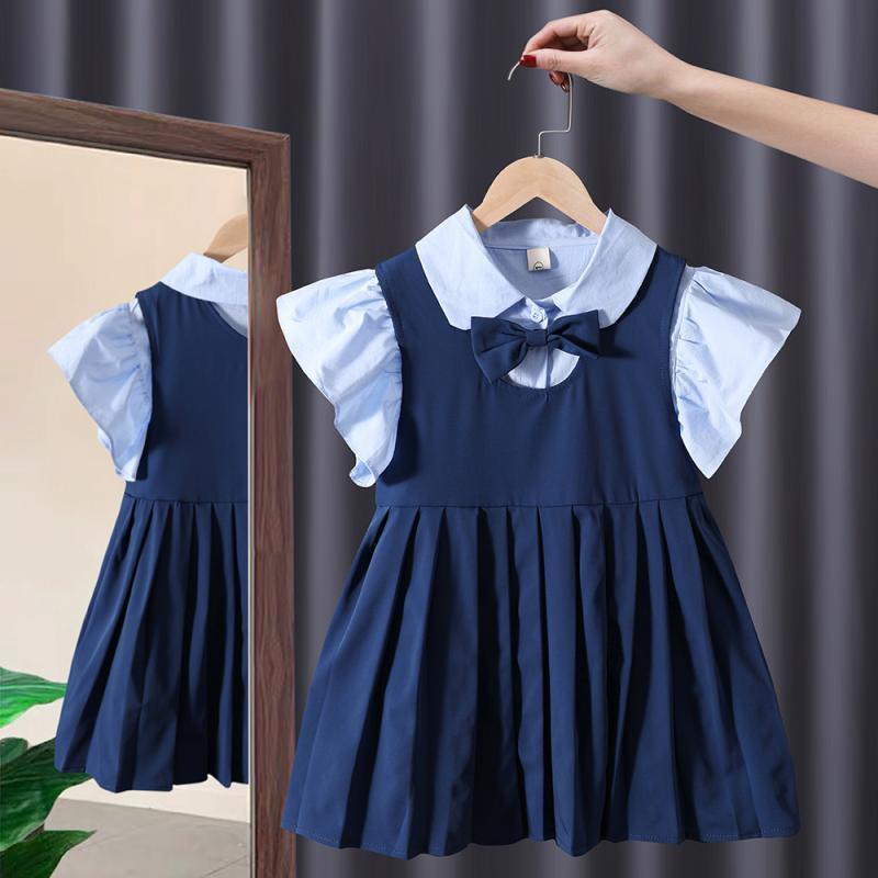 ワンピース &amp; シャツ セット キッズ 子供服 女の子 夏服 学院風 プリンセス 百褶 スカート かわいい おしゃれ ブルー 90 100 110 120 130 140