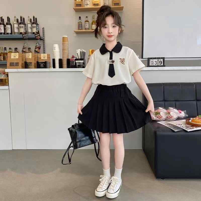 子供服 女の子 夏物 上下セット 百褶スカート ポロシャツ JK制服風 スカートセット 学院風 2点セット コットン 半袖 ブラック ホワイト