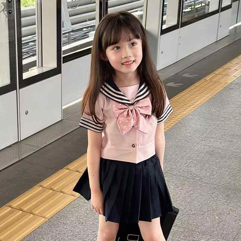 スカート キッズ 女の子 子供服 セットアップ セーラー服風 ブラウス 半袖 プリーツスカート かわいい 2点セット ピンク系 学院風