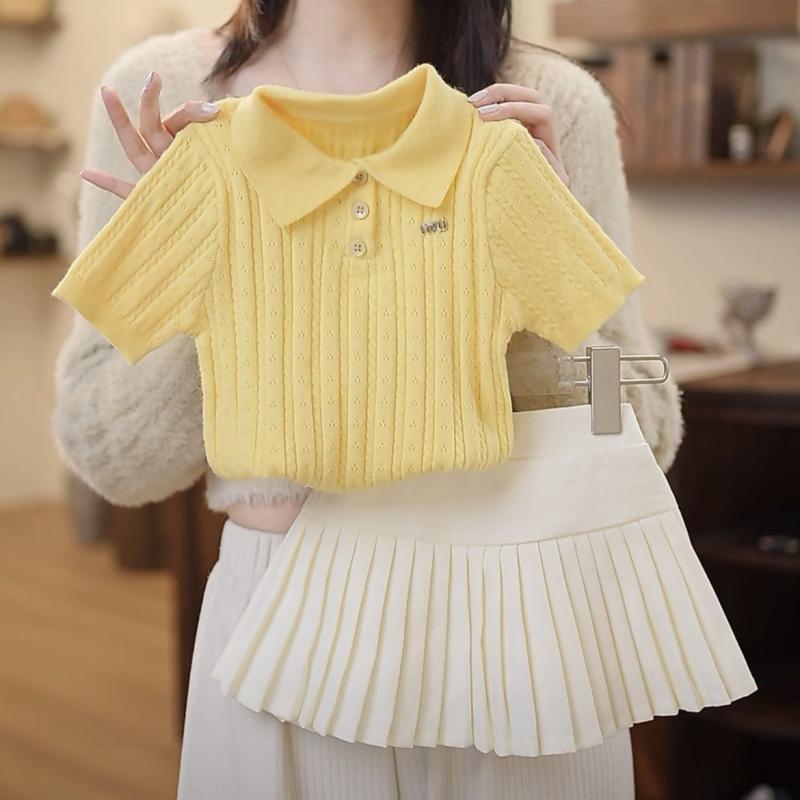 子供服 女の子用 セットアップ 夏物 半袖ニット プリーツスカート 上下2点セット 薄手 コットン 80 90 100 110 120 130 140