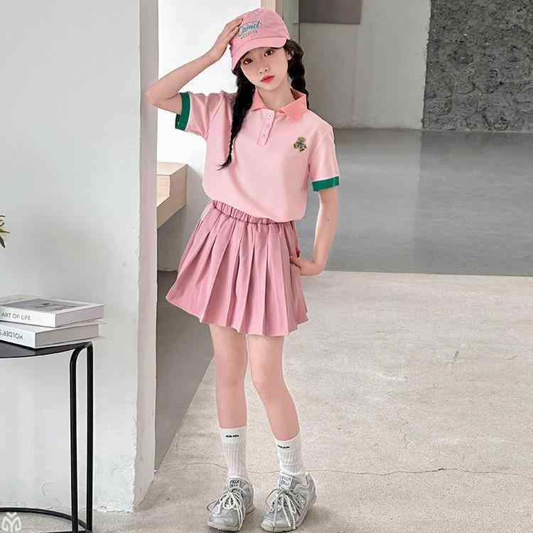キッズ ガールズ セットアップ 半袖 Tシャツ プリーツスカート 2点 上下セット 夏物 薄手 通園 通学 普段着 ポリエステル ピンク