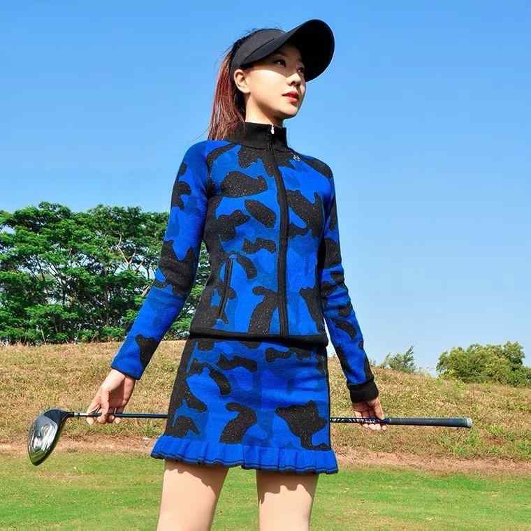 ゴルフ御召しもの レディース 編み物 長袖 朦々たる アウター 防寒 秋冬 青碧 青 偽装柄 スコート セットアップ 運動競技御召しもの 運動すること着 あったか 伸縮性(x3)