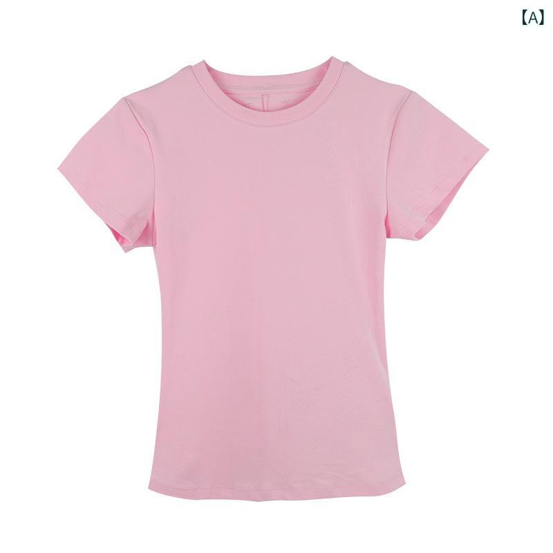 Tシャツ レディース 短袖 丸首 セットアップ 化繊混紡 単色 ピンク 青 米黄 修身型 普通丈 ボタン かわいい 甘め 清新 夏 日常 デイリー 軽やか 快適 トップス 袖丈 基本 シンプル ベーシック フェミニン ソフト フレッシュ コーデ 着こなし
