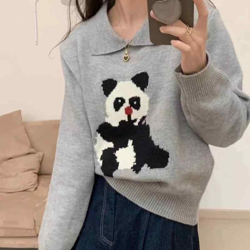 ニット レディース かわいい パンダ柄 ポロ襟 長袖 ドロップショルダー ゆったり 厚手 秋冬 あったか 暖か 快適 普段使い