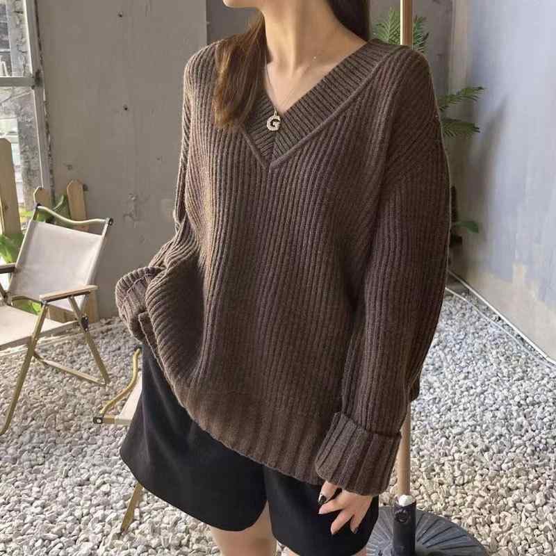 ニット レディース Vネック ニット チュニック丈 ゆったり ウール カシミヤ ブレンド ドロップショルダー 長袖 プルオーバー トップス 韓国風 ブラック ブラウン 秋冬｜トミーショップ 店