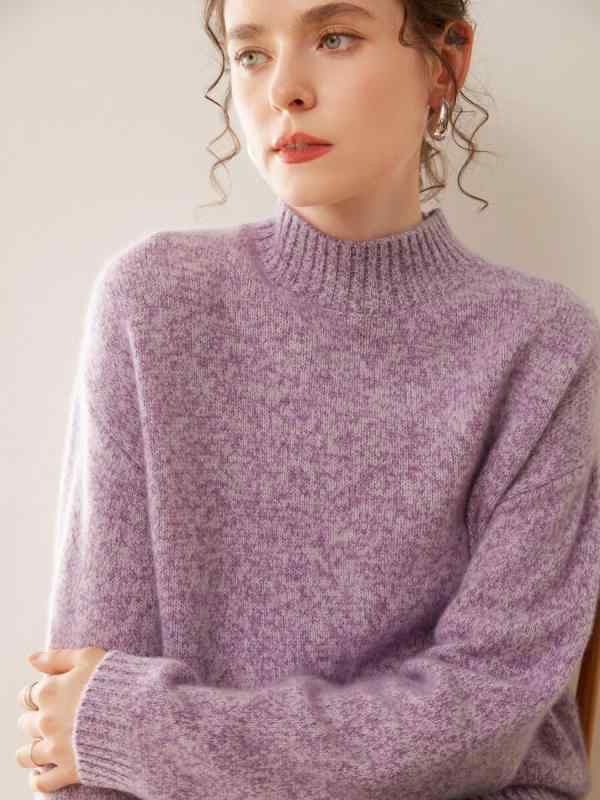 ニット レディース 秋冬 ドロップショルダー ゆったり プルオーバー セーター ハーフハイネック 暖かい カシミヤ トップス 配色 厚手 リブニット インナー M L XL 2XL 3XL パープル レッド イエロー ブルー 文芸風 レトロ