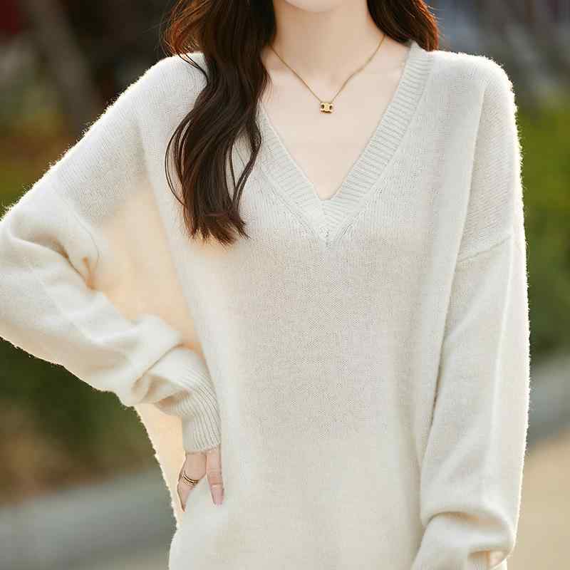 ニット レディース Vネック 羊毛 ニット トップス 長袖 プルオーバー ドロップショルダー ゆったり 厚手 無地 あったか 暖か 保温 ベージュ系|トミーショップ 店