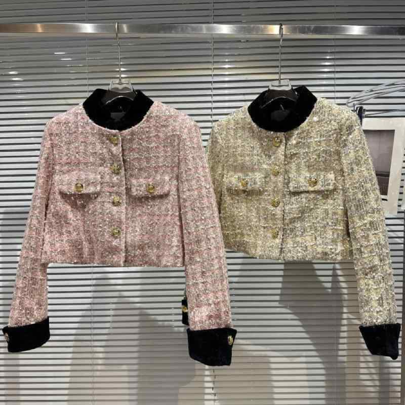 子供服 ジャケット 女の子 アウター 秋 ジャンパー ブルゾン ショート丈 ツイード風 スパンコール 裏地付き 立襟 韓国風 ベージュ ピンク系