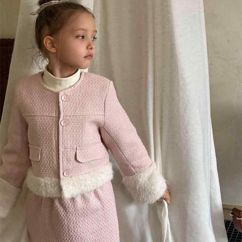 小わっぱ服 御嬢さん ツィード 上衣 スコート セットアップ 秋冬 ガーリー 愛くるしい 朦朦たる アウター ボトムス さくら色系 90 100 110 120 130 140(x6) コート・ジャケット-キッズ・ベビー・マタニティ