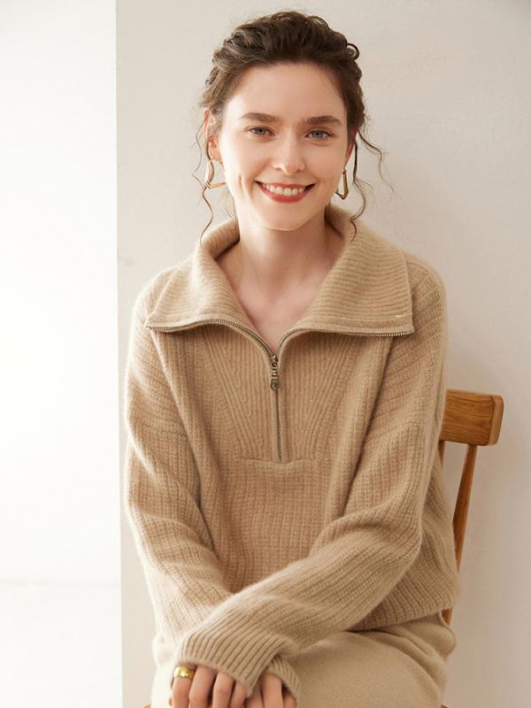 ニット レディース 秋冬 ハーフジップ ハイネック カシミヤ セーター プルオーバー ゆったり 厚手 ドロップショルダー トップス 紫 椰・垢白 ベージュ 通勤 エレガント