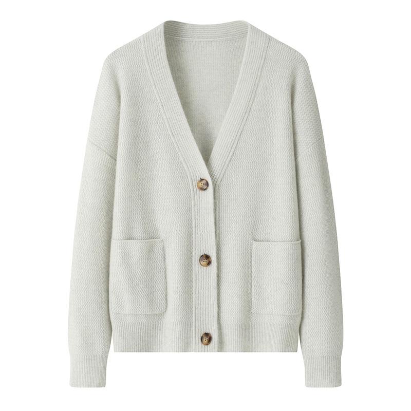 カーディガン レディース カシミヤ ニット Vネック 厚手 ケーブル編み ゆったり ドロップショルダー ポケット付き 羽織り アウター カジュアル 秋冬 アイボリー ベージュ