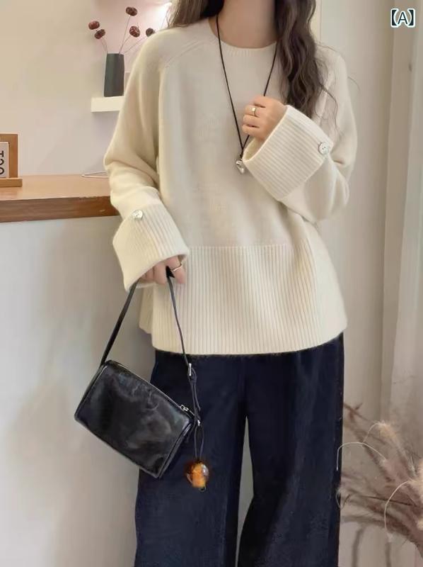 ニット レディース セーター ゆったり 厚手 ラウンドネック 長袖 トップス 重ね着風 カジュアル 普段使い 秋冬 羊毛混紡 かわいい ミルキーホワイト ピンク系 パープル グレー 9,271円