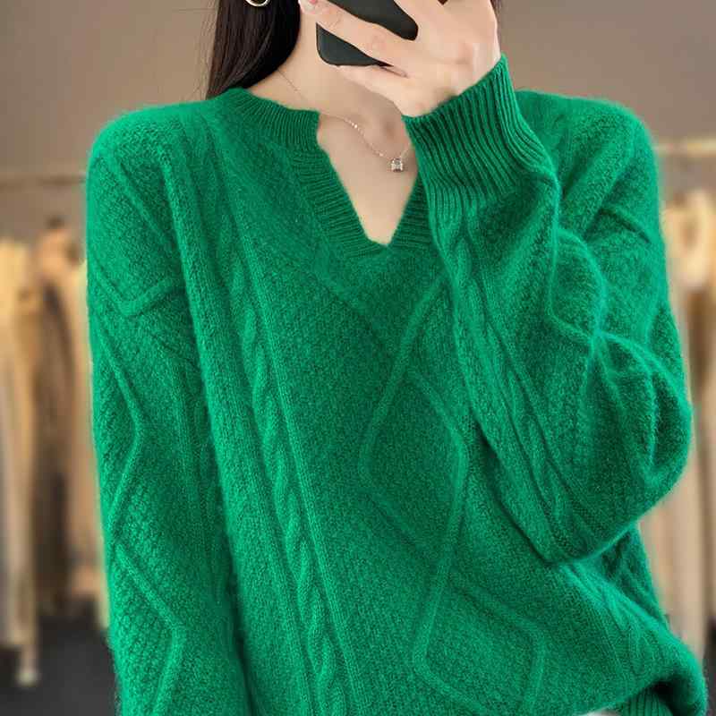 ニット レディース Vネック 秋冬 ウール セーター ゆったり 厚手 ケーブル編み 羊毛 カシミヤ トップス プルオーバー ドロップショルダー 長袖 無地 オフホワイト ベージュ キャメル グリーン
