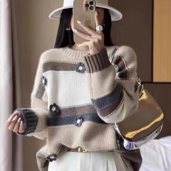 ニット レディース 手編み クルーネック セーター 秋冬 ゆったり 暖かい プルオーバー トップス 羊毛 ウール かわいい カジュアル 韓国風