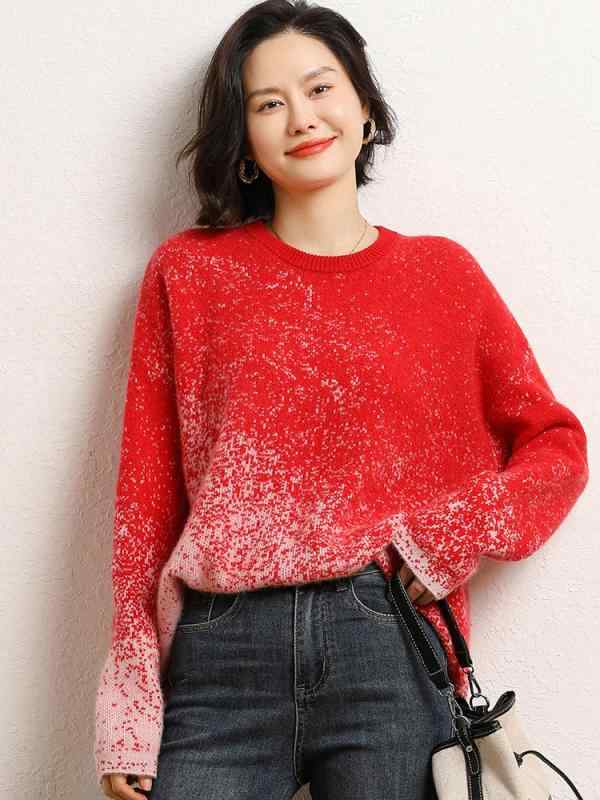 ニット レディース 秋冬 韓国風 配色 羊毛 混 紡 セーター ゆったり ラウンドネック ドロップショルダー 長袖 トップス プルオーバー かわいい 暖かい カジュアル デイリー 普段使い