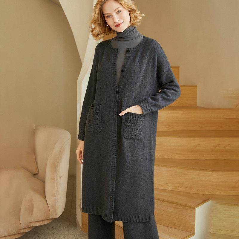 ニット カーディガン レディース 秋冬 ウール100% カシミヤタッチ ラウンドネック ドロップショルダー ゆったり 厚手 ニットセーター 羽織り アウター 通勤 オフィス 普段使い グレー ブラック系｜トミーショップ 店