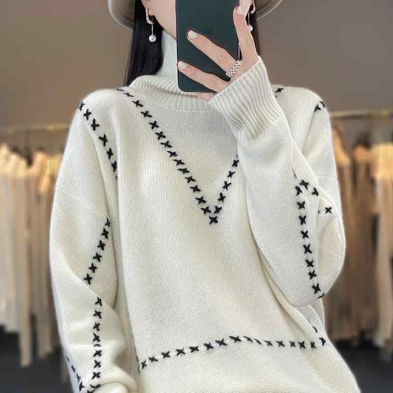 ニット レディース 高品質 羊毛 セーター 高襟 プルオーバー 手編み 花柄 ゆったり 厚手 ウール トップス 秋冬 ブラック ホワイト