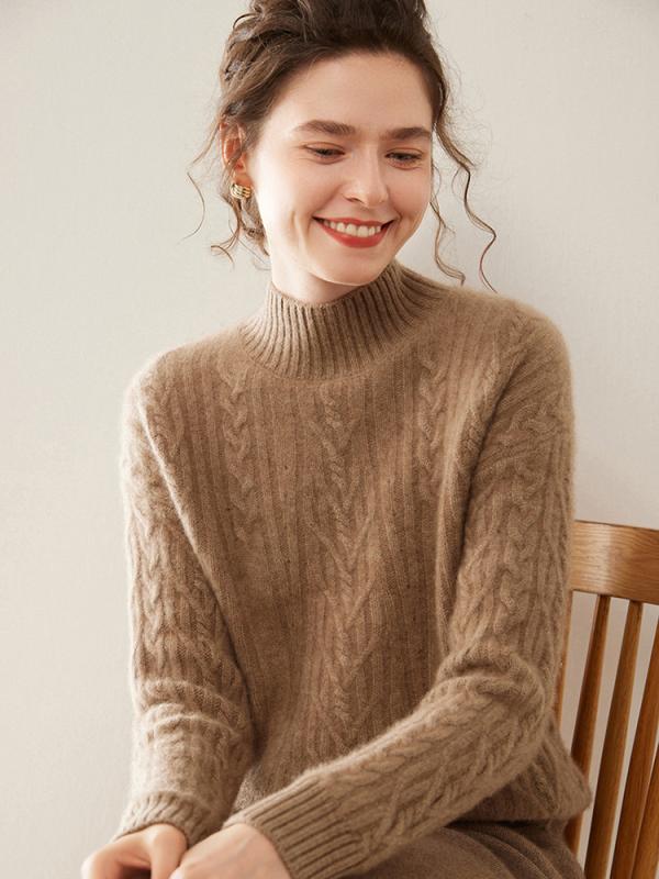 ニット レディース 秋冬 ハーフネック カシミヤ セーター プルオーバー ケーブル編み 厚手 ヤクウール ゆったり トップス ドロップショルダー 普段使い 通勤 オフィス きれいめ ピンク系｜トミーショップ 店