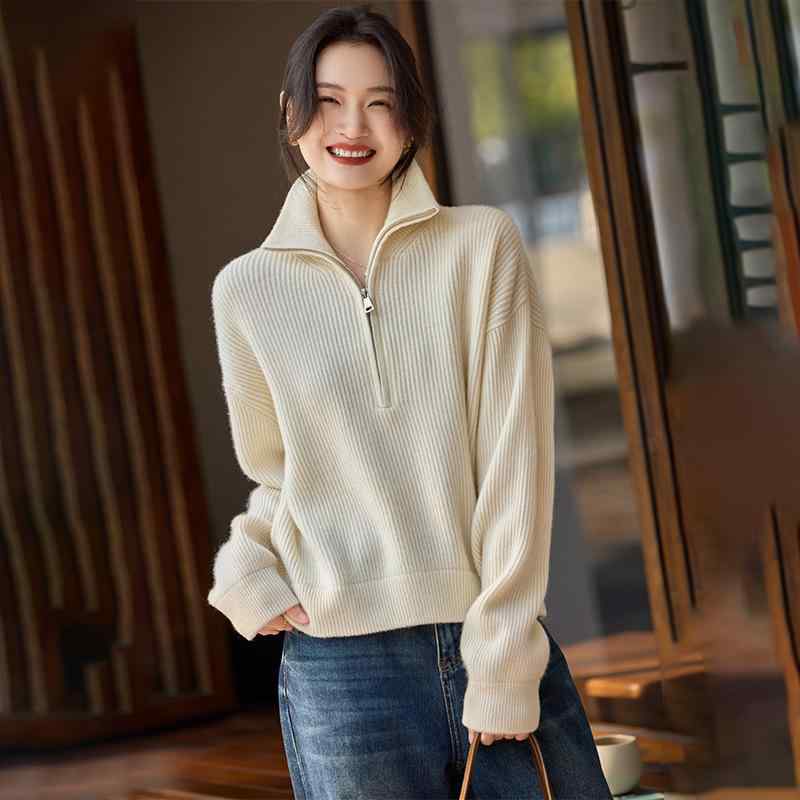 ニット レディース 秋冬 ニットプルオーバー ハーフジップ 高品質 カシミヤ100% ドロップショルダー ゆったり 厚手 あったか 防寒 トップス セーター 普段使い 通勤 オフィス カジュアル エレガント 白 ブラウン系