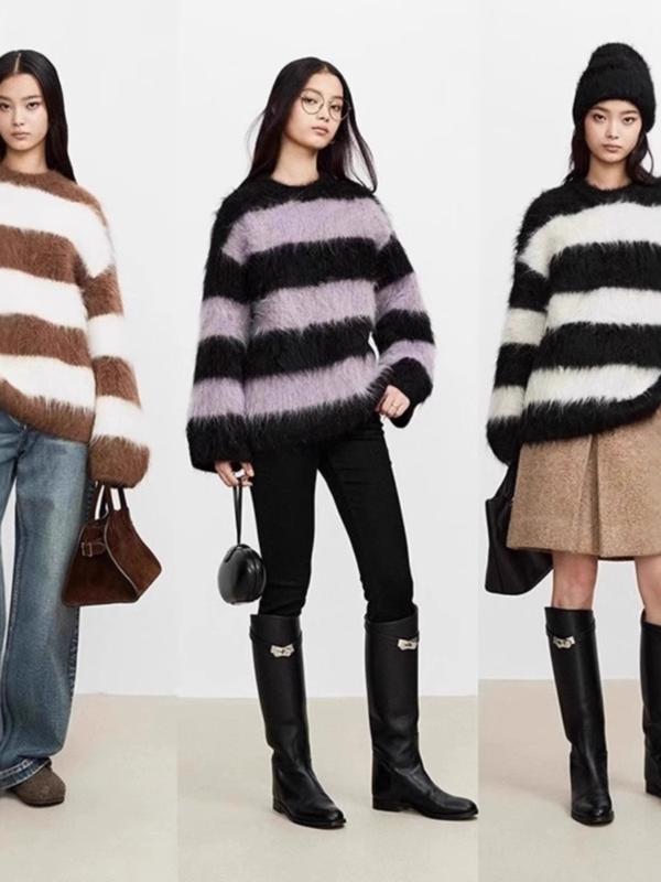 ニット レディース 秋冬 ストライプ柄 ラウンドネック ドロップショルダー ゆったり 厚手 ニットトップス セーター チュニック丈 黒 紫 ブラック パープル系 文芸 レトロ かわいい 普段使い
