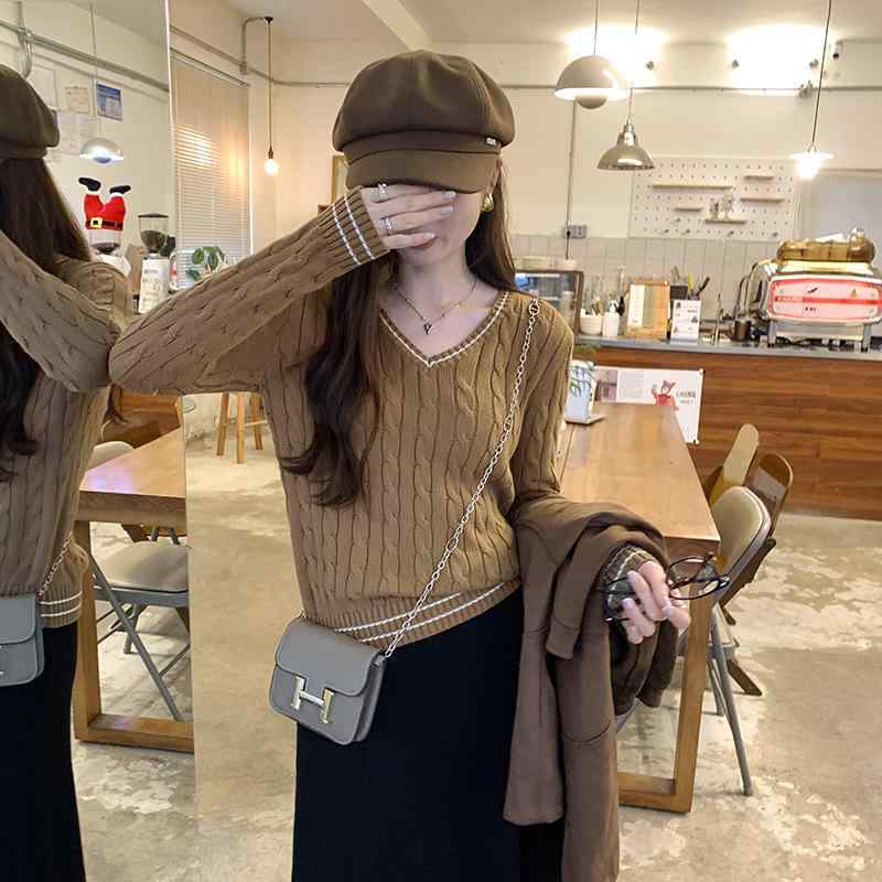 ニット レディース 秋冬 Vネック 長袖 ケーブル編み セーター トップス ゆったり かわいい ナチュラル あったか 通勤 オフィス カジュアル ブラウン系