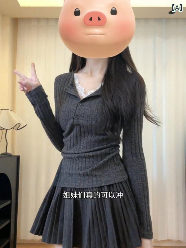 ニット レース 長袖 Vネック トップス レディース 春 服 接触冷感 スリム プルオーバー カットソー インナー 深グレー