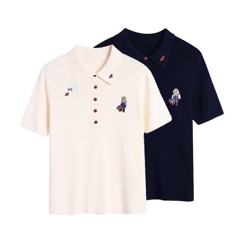 編み物 スポーツシャツ レディース 半袖 春夏 薄っぺら 可愛らしい 熊 刺しゅう トップス 当たること冷感 伸縮性 通い 執務室 心地好い