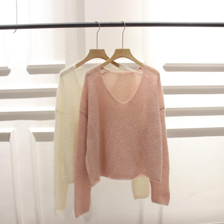 ニット レディース Vネック セーター ゆったり マヘア 長袖 トップス 秋冬 清新 かわいい 白 緑 ピンク系 深グレー