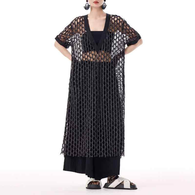 ワンピース セクシー 透け感 黒 白色 レース 長袖 Vネック ロング ストレート ルーズ フィット 軽量 ポリエステル 夏 春夏 街頭 ファッション クロップド トップス カバーアップ 透視 メッシュ 網目 柄 単品 基本 スタイル 個性 潮人 風 セ