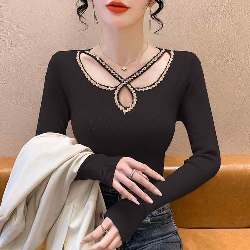 ニット レディース デザイン 鎖骨 トップス スリム プルオーバー 長袖 カットソー ピンク系 杏色 黒 S M L XL 通勤 エレガント