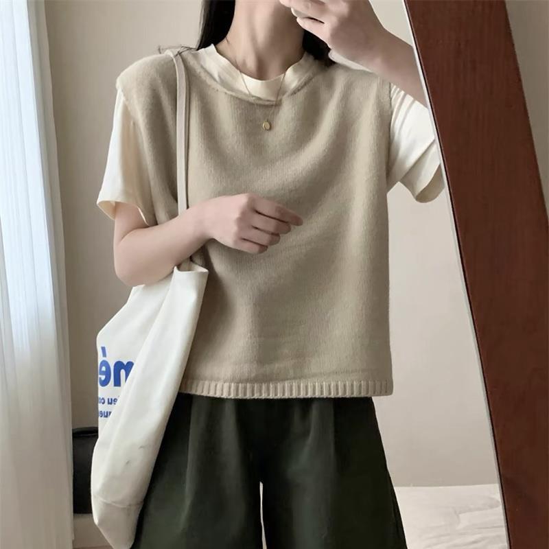 ニットベスト レディース 韓国風 レトロ 柔らかい セーター ベスト カーディガン ゆったり ポリエステル 無地 重ね着 深いコーヒー色 グレー キャメル ベージュ ブラック 米灰色 フリーサイズ 私服 名媛 御姐風 快適 普段着
