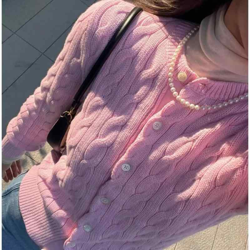 カーディガン レディース コットン ニット 丸首 長袖 刺繍 学院風 レトロ 麻花編み スリム 薄手 羽織り ピンク系 ホワイト ブルー レッド オレンジカーディガン・ボレロ