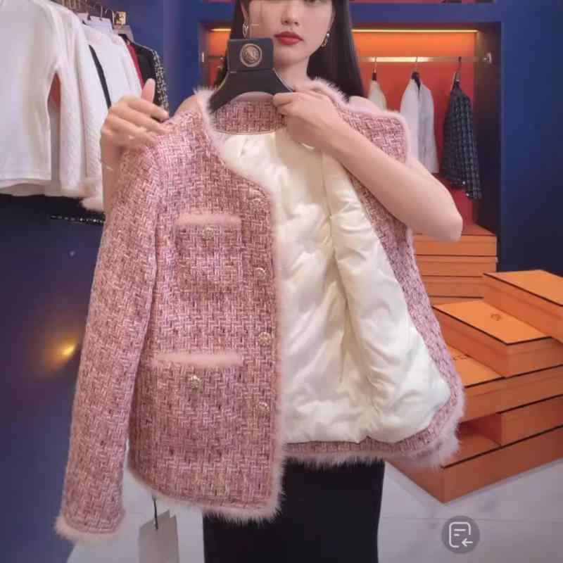 ジャケット レディース 秋冬 ピンク系 ショート丈 ツイード 厚手 裏起毛