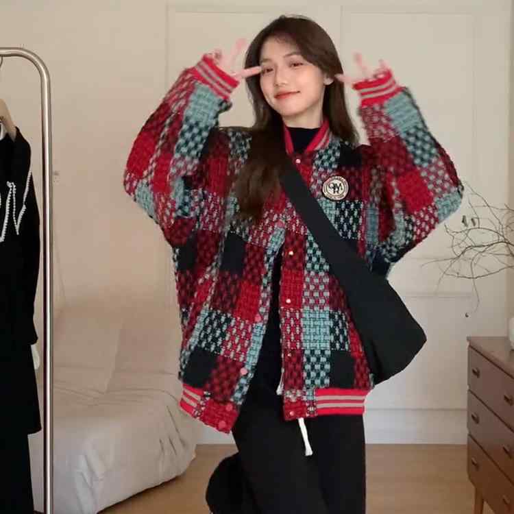 ジャケット レディース 野球服風 秋冬 韓国風 ゆったり 厚手 ツイード アウター レトロ トップス 赤色 S M L XL 2XL 3XL ラウンドネック 長袖 30代 40代 50代 エレガント
